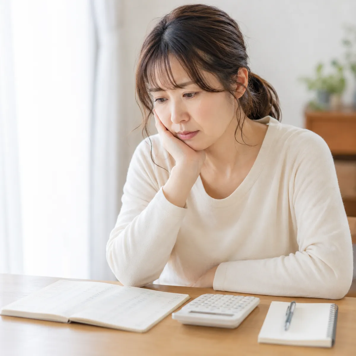 家計簿と電卓を前に、これからの働き方を考えている女性