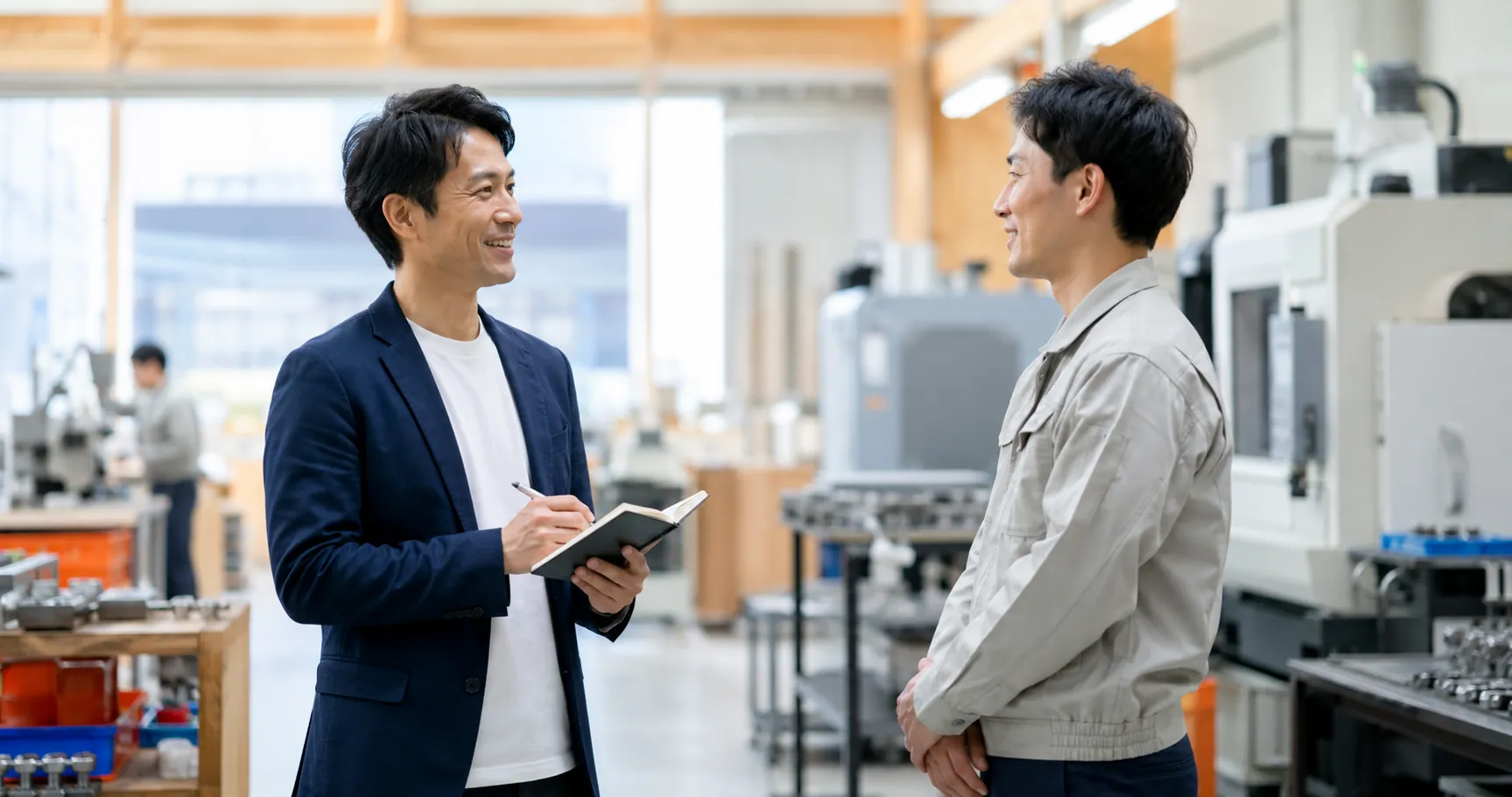 担当者が現場でスタッフに声をかけ、困りごとを聞く訪問フォローの様子（イメージ）