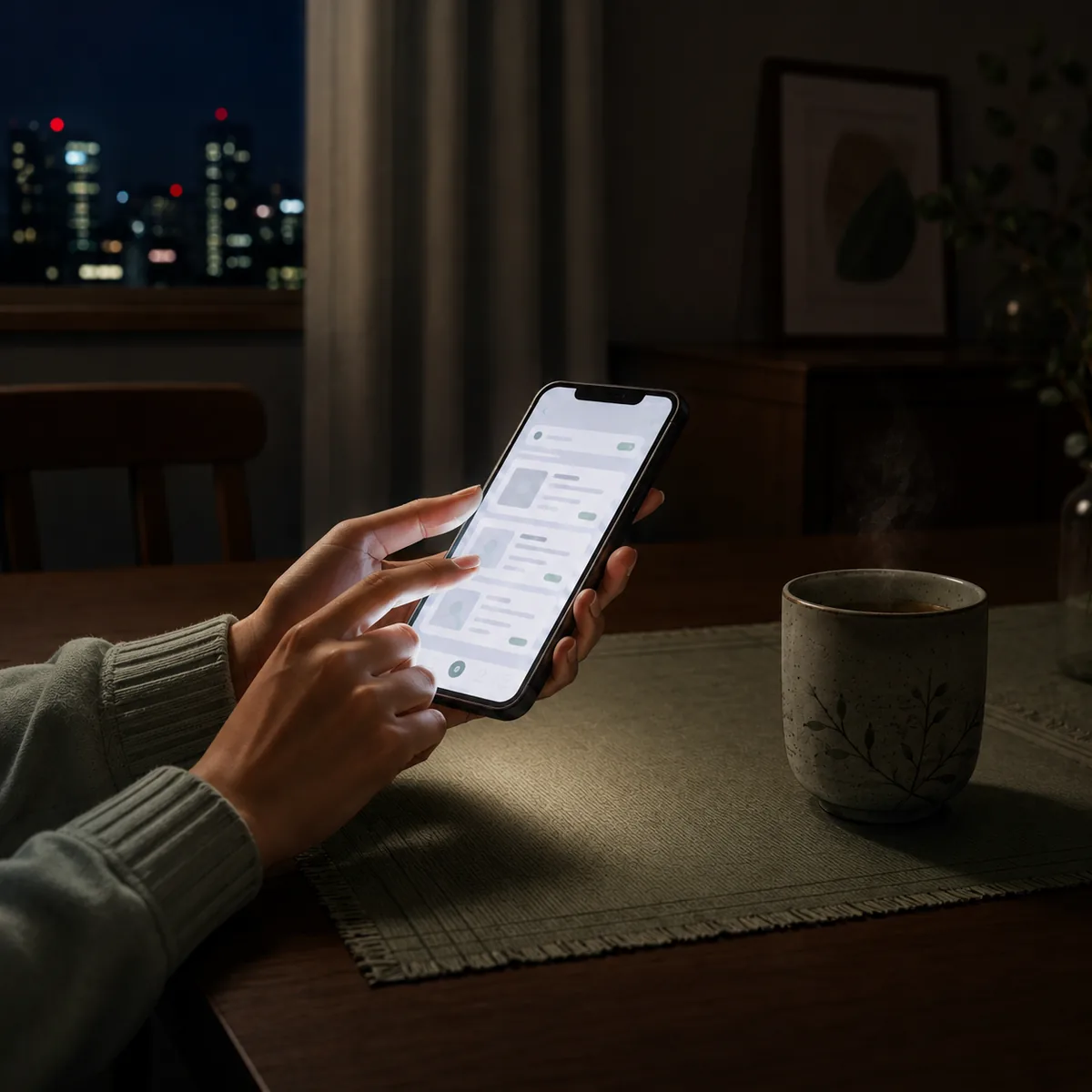 夜、食卓でスマートフォンの求人情報を見ている女性