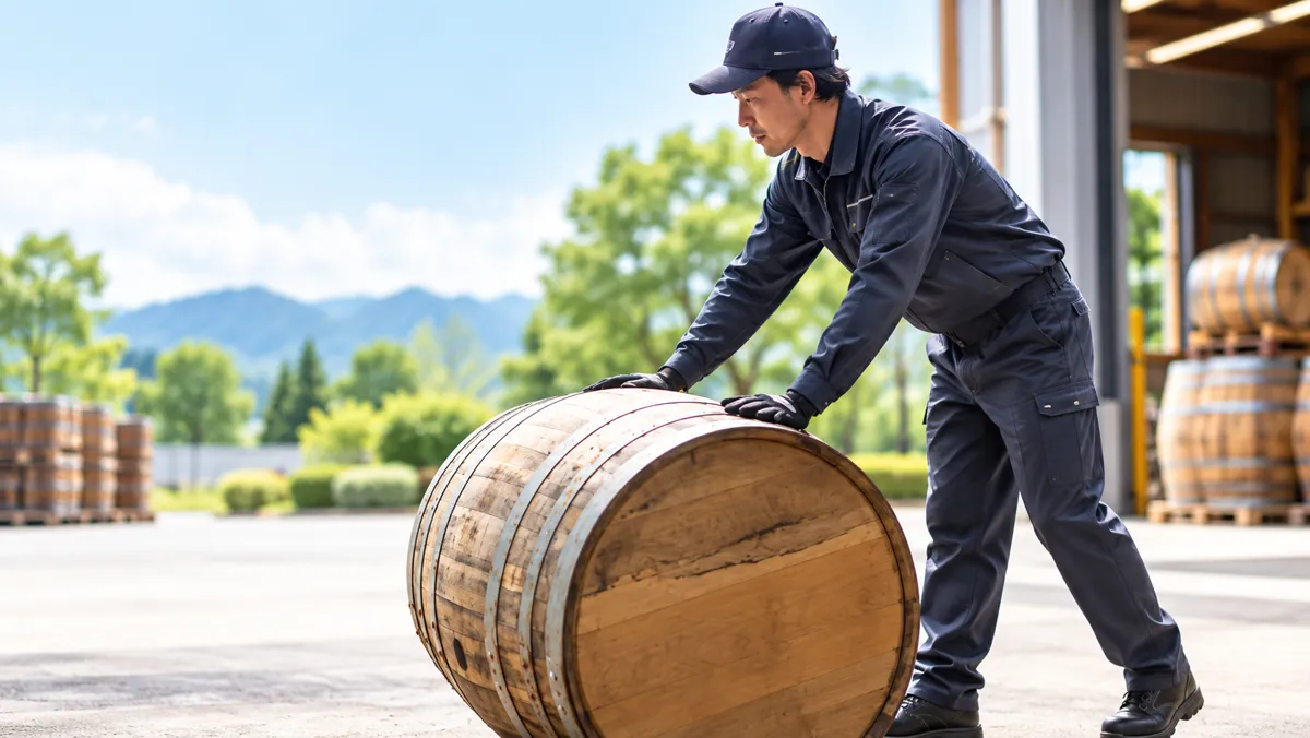 倉庫の前で、木の樽を両手で押して転がして運ぶ作業員（イメージ）